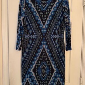 Karen Kane Blue and Black Patterned Long Sleeve Dress